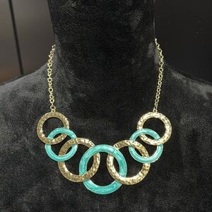 Laura Ford 9” Turquoise, hammered gold tone choker/earring set,circle cutout
